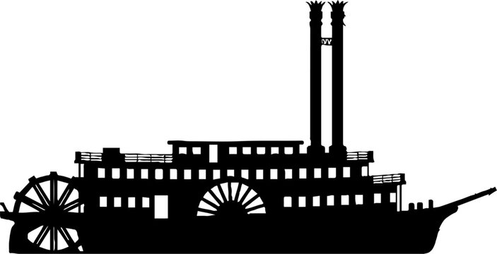 Historic paddle steamer riverboat silhouette with smokestacks