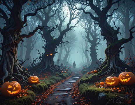 Eerie forest path lined with glowing jack-o'-lanterns