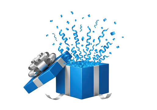 Blue gift box with ribbon exploding with confetti PNG isolated on transparent background