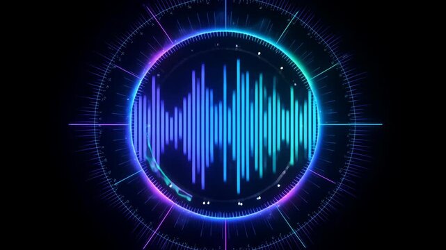 Zoom in shot of animated glowing neon audio equalizer with blue teal bars pulsing inside circular HUD frame on black background