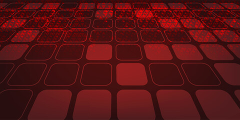 Naklejka premium Futuristic red gradient backdrop featuring abstract 3d perspective mesh and geometric square tiles. Elegant vector template for tech presentation, wallpaper, or poster.