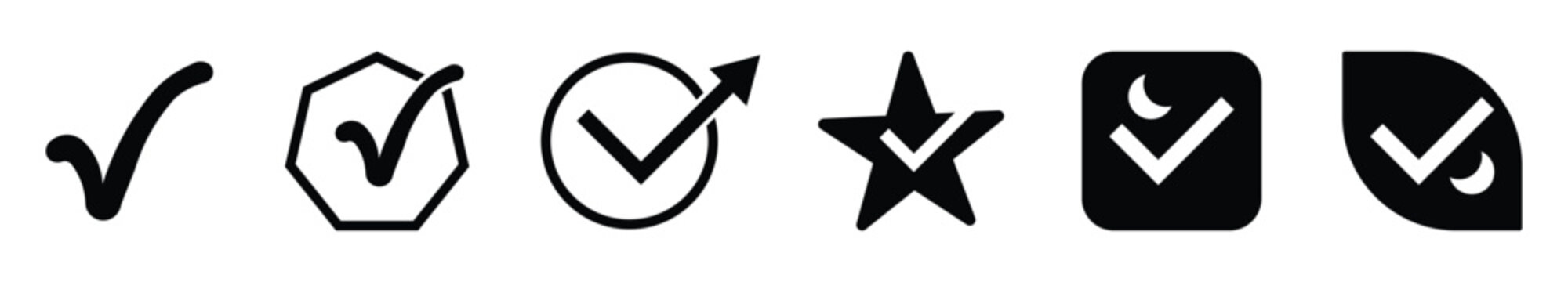 Check mark icon set vector design element illustration collection tick symbols. checklists inside unique shapes like star heptagon circle arrow square leaf for modern flat website. Vector illustration