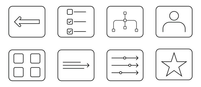 Modern outline web icons collection with square border frames. Minimalist UI UX line icon set for app and dashboard interface. Set of linear interface elements arrow list. Vector illustration.