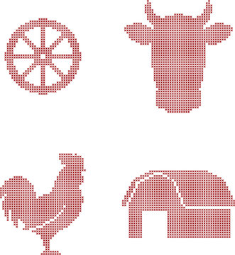 Cross stitch farm icons set wagon wheel, cow head, rooster, and barn