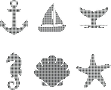 Set of nautical icons made of cross stitch pattern