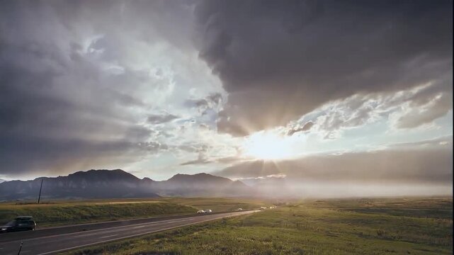Heavy traffic on a wet highway with sun rays breaking through stormy clouds over mountains