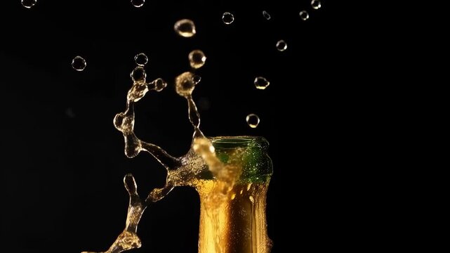 Slow motion static shot of champagne cork flying out of green bottle with foamy liquid explosion against dark black background