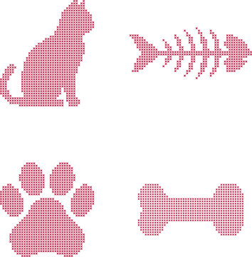Cross stitch pet symbols set cat, fish skeleton, paw print, and bone
