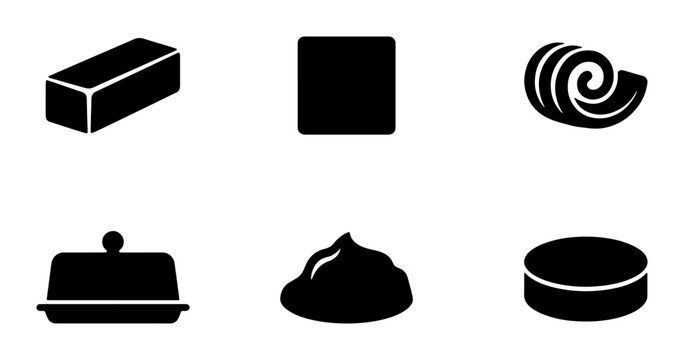 Butter Icons Set: Solid Block, Cube, Swirl, Dish, Spread, and Round Container Vector Graphics for Food and Culinary Concepts