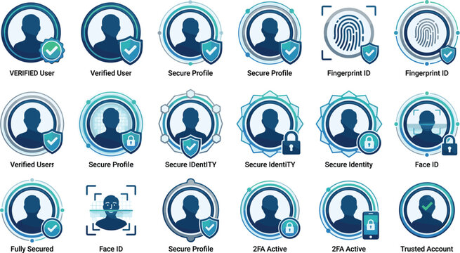 Secure user profile account icon set vector with fingerprint ID face recognition shield and 2FA authentication symbols