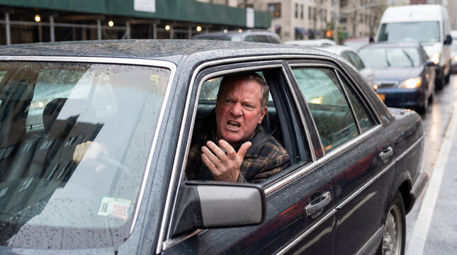 Angry driver shouting in a car window during heavy city traffic, expressing road rage and frustration