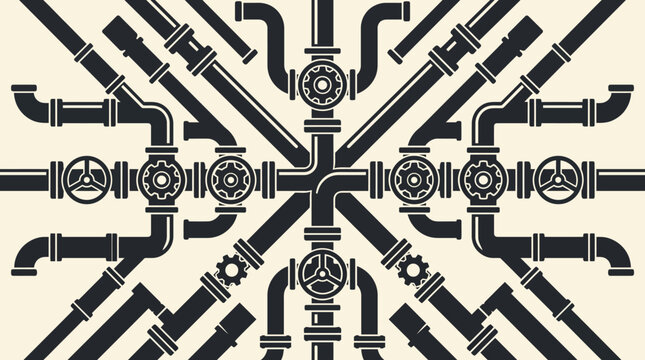 black and white industrial pipe illustration with valves and fittings