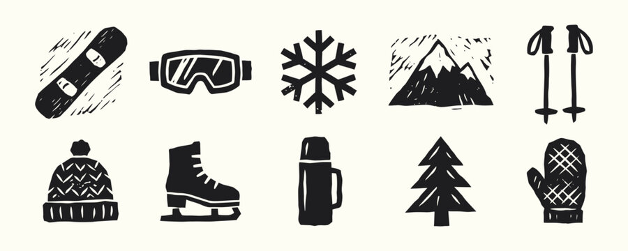 Winter sports and outdoor adventure icons in rustic linocut block print style