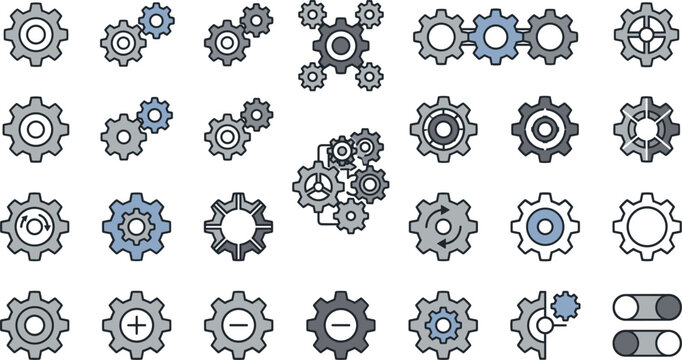 Mechanical gear cogwheel icon set vector with different machinery wheel symbols for settings and engineering web layout