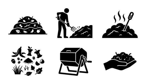 Composting Icons Set: Organic Waste Recycling, Garden Soil Enrichment, Sustainable Living Symbols