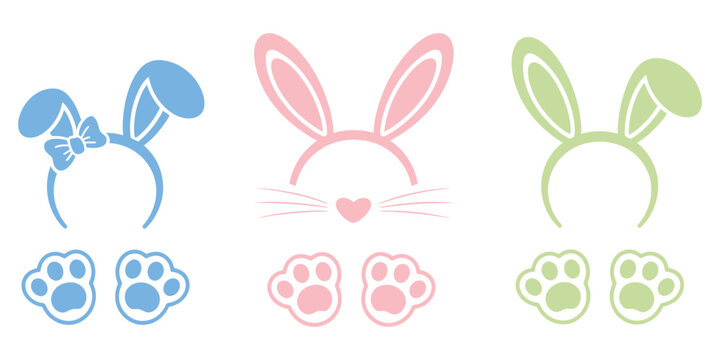 Cute Stylized Rabbit Ear Headbands and Bunny Face Graphics Collection Featuring Adorable Paw Print Icons for Easter Celebrations, Spring Holiday Designs