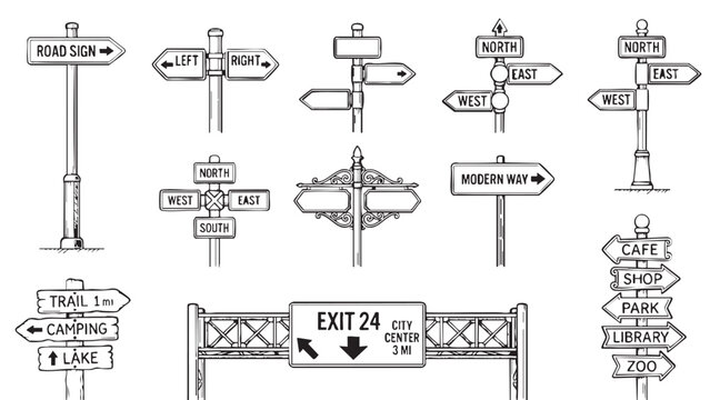 Directional road signs collection featuring various highway markers and navigation pointers for urban travel and tourism navigation presented as a detailed black and white vector illustration