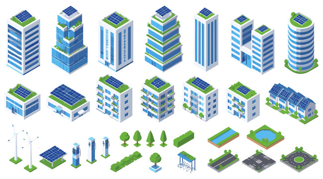 Modern 3D isometric illustration of wind turbines on green bases, ideal for sustainable energy and eco-friendly business concepts.