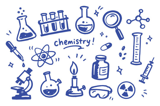 Chemistry Laboratory Elements Set Blue Doodle Sketch Vector