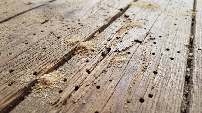 Woodworm damage destroying old wooden floorboards, showing holes and sawdust frass from common furniture beetles