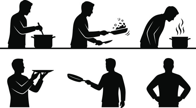 Chef cooking silhouette collection with frying serving and kitchen activity poses isolated vector illustration set design