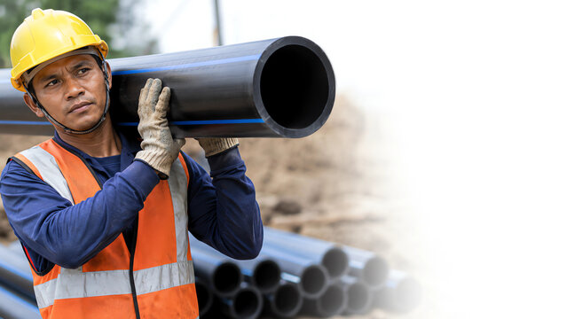 Close Up Worker Lifting 150 mm HDPE Pipe at Water Infrastructure Construction Site
