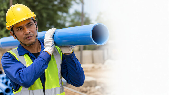 Close Up Worker Lifting 100 mm PVC Pipe at Water Infrastructure Construction Site