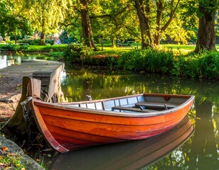 Obraz premium Wooden boat floats peacefully on a calm river under the warm sunlight
