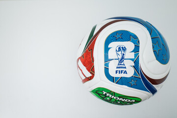 Obraz premium Bradford, UK May 17 2026: Adidas Trionda replica FIFA World Cup 2026 football. This league ball has been shot isolated with a shallow depth over a white background.