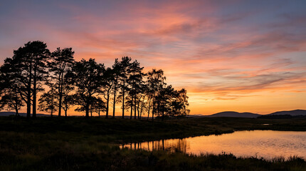 Naklejka premium Silhouetted Pine Trees Against a Vibrant Sunset Sky.