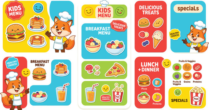 Cute cartoon kids menu template vector set with fox chef character burger pancakes pizza and food icons