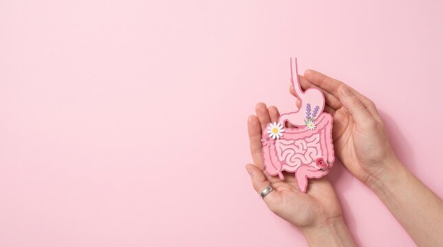 Human digestive system model held in hands, pink anatomical stomach and intestine with flowers, gut health and probiotics concept on pink background