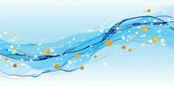 Dynamic blue abstract waves with floating golden orbs and light effects