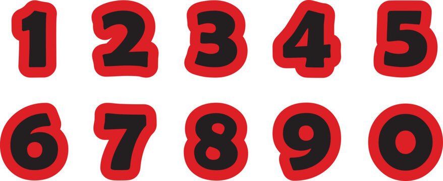 Bold Black Numbers Set with Red Outline