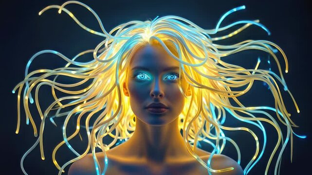 Cyborg woman with glowing fiber optic hair and luminous blue eyes. Futuristic digital art concept. Lockdown medium shot.