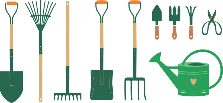 Flat vector garden tools icon set with shovel, rake, fork, watering can, shears and trowel for agriculture design