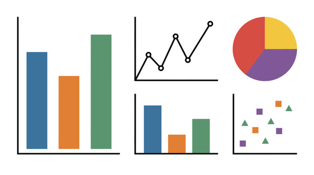 Collection of diverse data visualization charts including bar graphs, line charts, pie charts, and scatter plots, ideal for financial reports and analytics