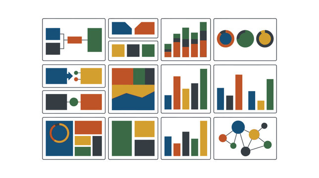 Collection of diverse data visualization elements, including bar charts, pie charts, flow diagrams, and network graphs, in a modern flat design with warm and cool color palettes, ideal for business