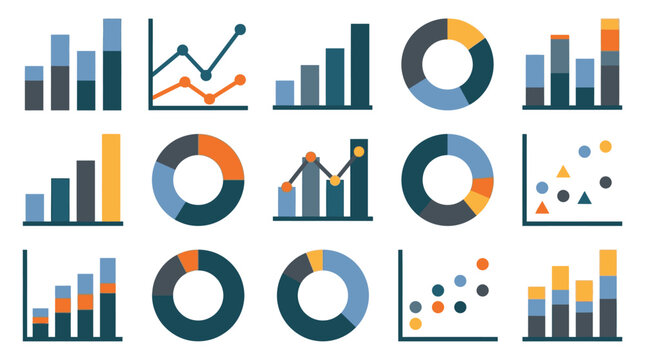 Collection of flat design charts and graphs in pixel art style, including bar charts, line graphs, and pie charts, suitable for data visualization concepts