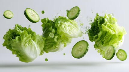 Obraz premium Crisp, floating lettuce and cucumber slices create a dynamic