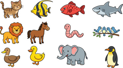 Fototapeta premium Cute Animal Icons Collection Featuring Cats, Dogs, Birds, Fish, Farm and Wild Animals, Including Lion, Elephant, Penguin, and Horse for Digital Designs