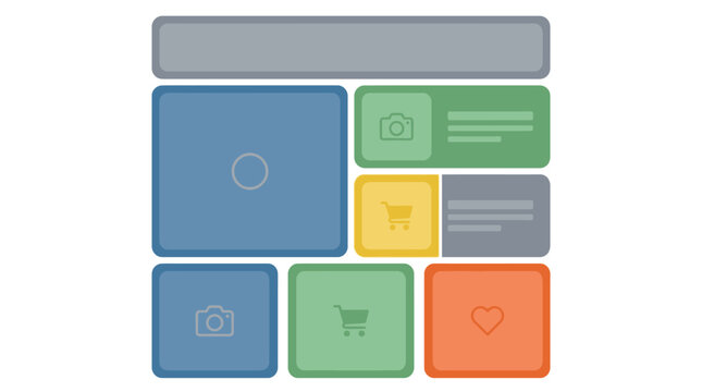 Ecommerce website layout template with shopping cart and product icons, mobile app design elements, online store planning