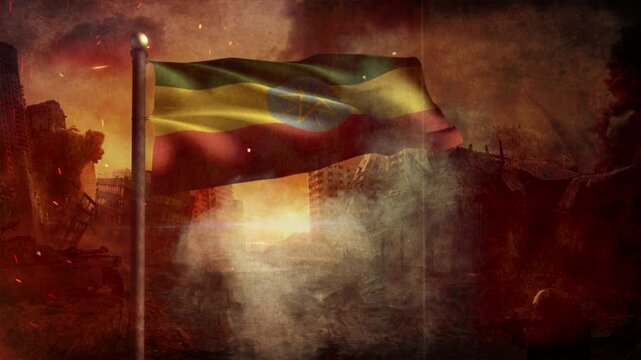 Ethiopia Flag with Cinematic Apocalypse Scene and Burning City