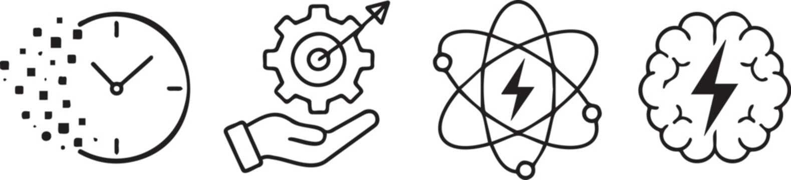 Four simple black and white line art icons representing time management business strategy scientific atomic power and creative brain storming