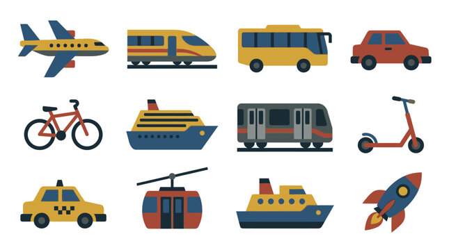Pixel art icons of various transportation modes, including airplane, train, bus, car, bicycle, ship, subway, scooter, taxi, cable car, and rocket