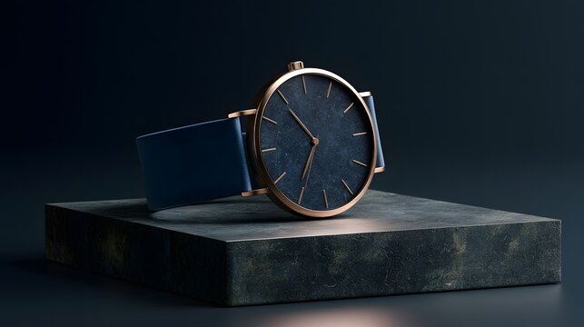 Sleek, modern timepiece displayed on minimalist pedestal with dramatic lighting