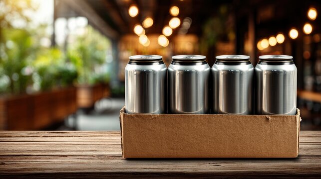 Blank aluminum beverage cans in six pack carrier on wood table with blurred pub background