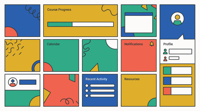 Set of abstract user interface elements and mockups with colorful geometric shapes and pixel art textures, representing digital design concepts