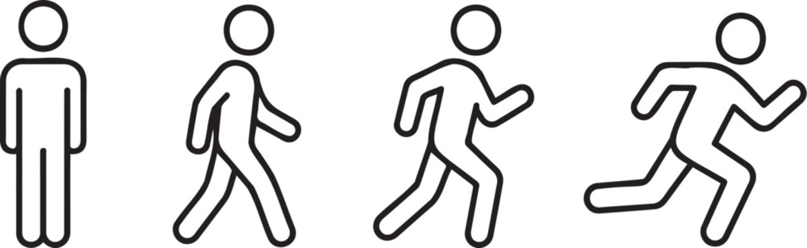 Linear icons showing a person standing then walking and jogging and finally running fast as a simple black line illustration