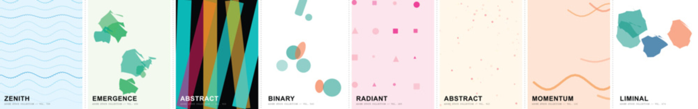 Minimalist abstract background collection, set of 8 modern geometric posters, colorful artistic vector illustrations with clean shapes